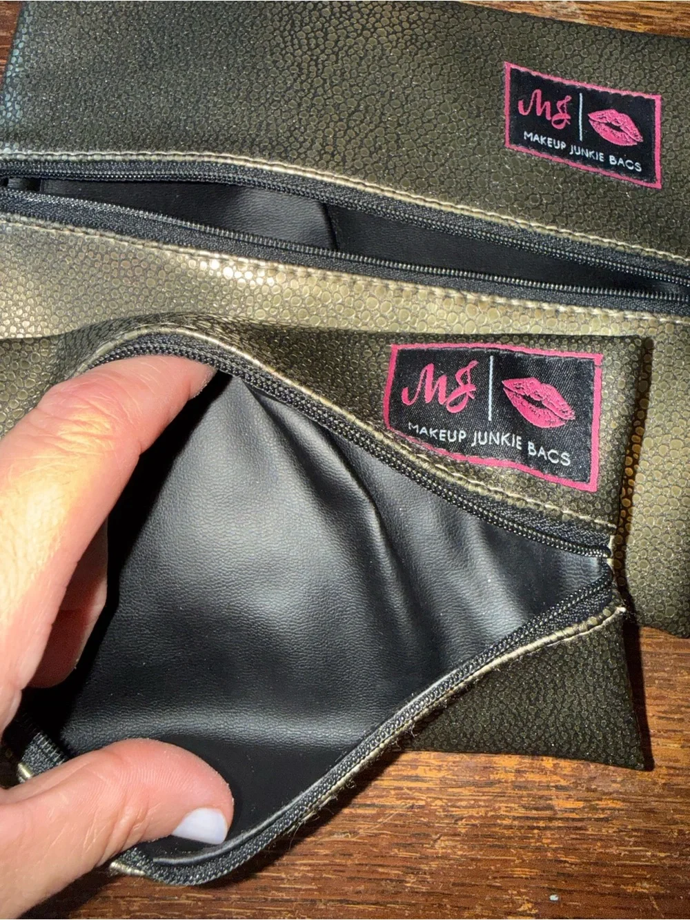 EUC Set of 3 gold Makeup Junkie Bags - mini, small, & medium like new condition